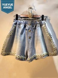 Women's Jeans Summer Beaded Diamond Flower Fashion Women Denim Shorts Street Casual Female Vintage Elastic High Waist Wide Leg Short