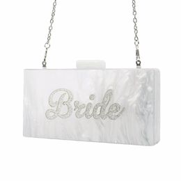 Evening Bags Pearl White With Silver Glitter Name Bride Acrylic Box Clutches Ladies Handbags Fashion Handmade Claps Beach ClutchEv290Y