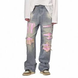 American Vintage Graffiti Jeans Uomo Y2k High Street Baggy Hole Pantaloni in denim Donna Hip Hop W Pantaloni dritti a gamba larga da cowboy v8fn #