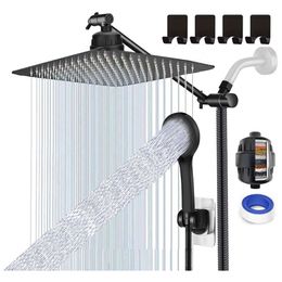 Upgraded 10 25.4 Black Hand-held Spray Waterfall High Pressure Removable with Hose and 12 Inch (about 30.5 Cm) Extended Arm Free Shower Head Filter for Hard