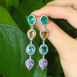 Dangle Earrings CWWZircons Green Blue Cubic Zircon Crystal Dangling Long Water Drop Ear Line Trendy Ladies Boho Party Jewelry CZ72318N