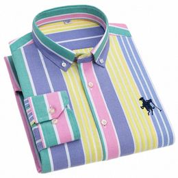 5xl 6XL Men's shirt Spring and summer 100% cott lg sleeve Oxford woven plaid stripe no-ir anti-wrinkle embroidery casual J9C9#