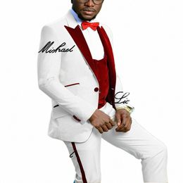 white with Red Men's Suit 3 Piece Veet Wedding Groom Tuxedo Formal Party Blazer Fi Dr Men Custome Suits G7zF#