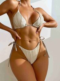 Women's Swimwear 2023 String Bikini Solid Thong Swimsuit Brazilian Bathing Suit Women Sexy Swimwear Female Beach Wear Swimming Summer Trikini T240328