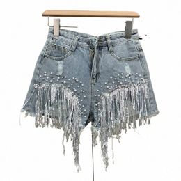 2023 Women Spring Summer New Elegant Shorts Lady Tassel Beading High Waist Wide Leg Denim Shorts Female Streetwear Casual Pants X5Dy#