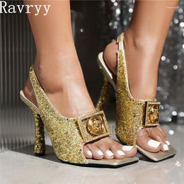 Dress Shoes Shine Glitter Square Open Toe Sandals Metal Button Decoration Thin High Heel Summer Formal Stiletto