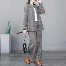 Women's Two Piece Pants Retro Suits Loose Large Size Stripe Stand Collar Long Sleeve Jacket Cotton Linen Trousers Women Tops 2 Set BC28