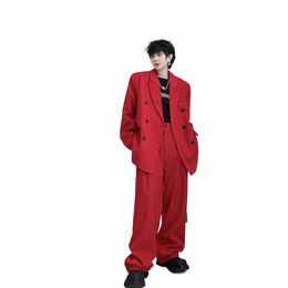 noymei Loose Red Two Pieces Suit Men Autumn Fi Straight Pants Casual Single Breasted Blazer Vintage Korean Male Set WA2479 S2Iw#