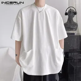 Men's T Shirts INCERUN Shirt Solid O-neck Short Sleeve Pockets Loose Casual Men Clothing Korean Streetwear Summer 2024 Tee Tops S-5XL