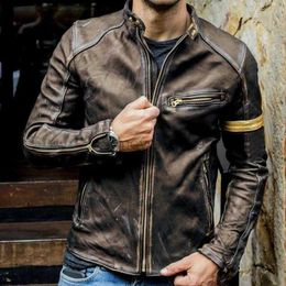 Men's Leather Faux Leather 2022 Autumn Motorcycle Leather Jacket Men Street Fashion Bomber Jackets Casual Stand Collar Coat Mens Retro Pu Biker Outwear 5Xl 240330