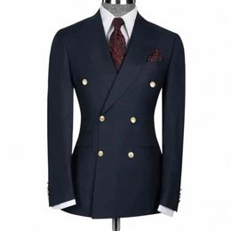 new Navy Blue Men Suits 2 PieceJacket+Pants Fi Double Breasted Male Formal Busin Wedding Set x7DG#