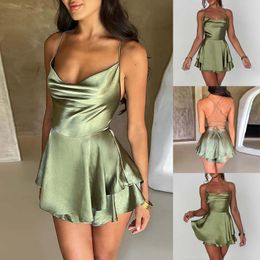 Casual Dresses 2024 Satin Spaghetti Strap Dress Summer Sexy Backless Lace Up Elegant Women Solid Sleeveless Ruffled Slim
