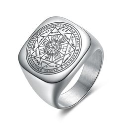 Solomon Rings for Men Silver Color Magic Runes Stainless Steel Signet Rings Pagan Amulet Male Jewelry249P