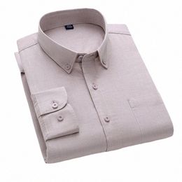 men's Pure Cott Oxford Lg Sleeve Shirts Imitati Linen Single Pocket Comfortable Casual Fi Slim Fit Butt Down Shirts m5p1#