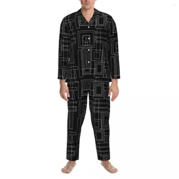 Home Clothing Geo Print Pajamas Men Black And Grey Warm Bedroom Nightwear Spring 2 Pieces Casual Loose Oversized Graphic Suit