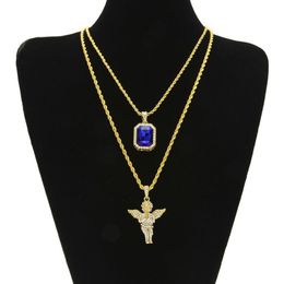 Iced Out Ruby Necklace Set Brand Micro Ruby Angel Jesus Wing Pendant Hip Hop Necklace Male Jewellery Whole217L