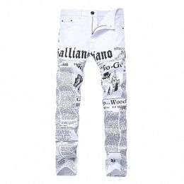 fi Stretch Mens Jeans White Letters Printing Male Slim Fit Elastic Casual Trousers Tight Denim Printed Cool Pants 68yC#