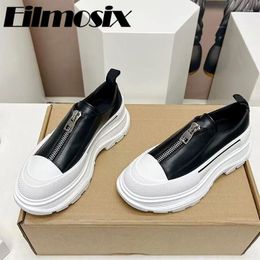 Casual Shoes Street Style Height Increasing 2024 Real Leather Thick Sole Women Round Toe Zipper Sneakers