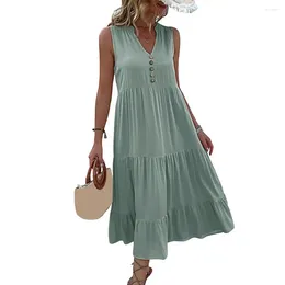 Casual Dresses Women Summer Dress Lady Vacation Elegant V Neck Midi With Button Decor A-line Hem For Soft Flowy