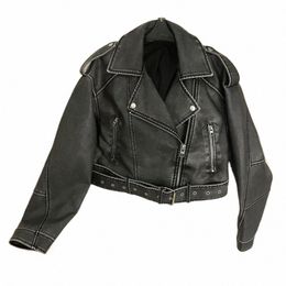 new Fi Spring Faux Leather Jacket Woman Vintage Chic American street wear Short Lapel Zipper Belt Biker Coats Streetwear U0Av#