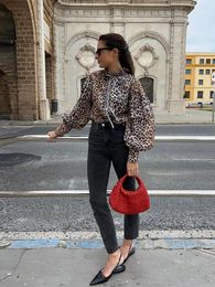 Women's Blouses Fashion Leopard Lace Up Shirt For Women 2024 Spring Summer Female Casual Loose Y2K Printed Chic Tops Elegant Long Sleeve