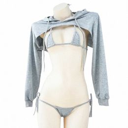 anime Maid Cosplay Costume Women Sexy Grey Hooded Lg Sleeve Sweatshirt Bunny Girl Bandage Swimsuit Lingerie Bikini Set Clothes 70hF#