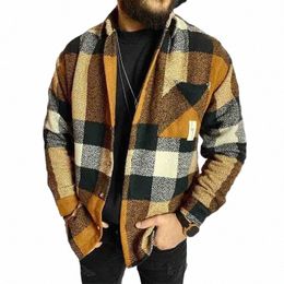 fall Mens Fi Plaid Printed Shirt Jackets Lg Sleeve Turndown Collar Butted Outerwear Men Casual Loose Coats Streetwear R0Dh#