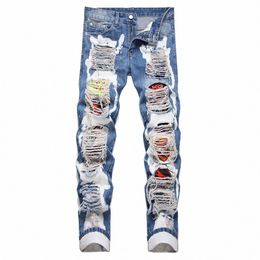 men Holes Ripped Distred Jeans Streetwear Embroidery Badge Pants Slim Straight N Stretch Denim Trousers V2nK#