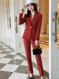 Womens Office Suit Blazer Pantsuit Simple Solid Color Long Sleeve Trousers 2 Piece Set Blue Khaki Spring Fashion 240320