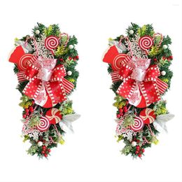 Decorative Flowers 2Pcs Christmas Candy Cane Wreath For Front Door Stairway Indoor Decor