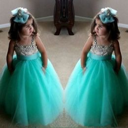 Cute Turquoise Green Flower Girls Dresses Spaghetti Birthday Gowns Straps Crystal Beaded Tulle Toddler Pageant Dresses For Girls280y