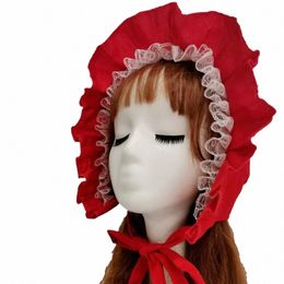 Mediaeval Servant Red Bnet Hat Sun Hat Lace Ruffled Fringe Red Maid Hat 59ZE#