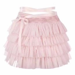 Japanese Kawaii Lolita Mini Skirt Women Pink White Sweet Ruffle Cake Short Bow Skirt Femme Lace Bandage Korean Summer Mesh Skirt 240314