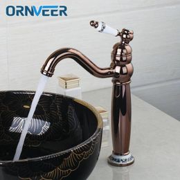 Bathroom Sink Faucets Solid Brass Gold Finish Long Mouth Tall Faucet Ceramic Handle Swivel Rose Basin Mixer Tap RG-028