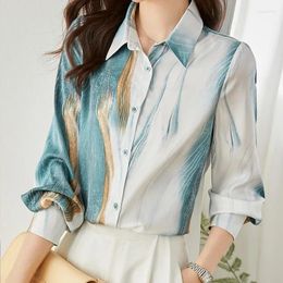 Women's Blouses 2024 Chiffon Summer Blouse Casual Fashion Simplicity Tops Long Sleeved Lapel Printing Splicing Shirt