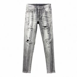 street Fi Men Jeans Retro Grey Elastic Stretch Skinny Ripped Jeans Men Leather Patched Designer Hip Hop Brand Pants Hombre E6L0#