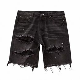 men Denim Shorts Vintage Style Denim Shorts Men's Summer Distred Denim Shorts Straight Fit Ripped Holes Knee Length Jeans k1C2#