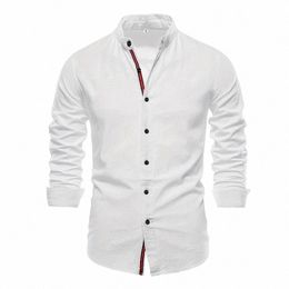 men's Cott Linen Slim Fit Standing Collar Shirt Fi Busin Solid Lg Sleeved Social Butt Shirts For Men Clothing C1O3#