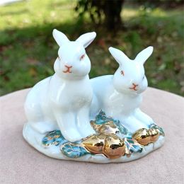 Sculptures Gilt Porcelain Rabbit Lovers Sculpture Ceramic Peanut Bunny Statue Home Couple Ornament Husband Present for Wife Decor Craft