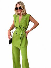 Kvinnor FI Solid Sleewel Lapel Blazer Trouser 2 Piece Set Elegant High midje breda ben raka byxor set 2022 sommar y1xc#