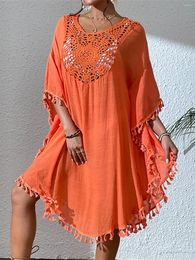 Casual Dresses Fringe Tassel Embroidery Half Sleeve Tunic Beach Cover Up Cover-ups Long Dress Wear Beachwear Female Women