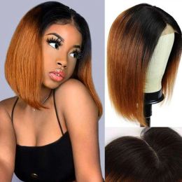 HD transparnet invisble lace bob straight lace front human hair wig dark roots 1b/30 auburn ombre colored lace frontal wig short blunt cut 150% 10inch