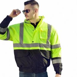 mens High Visibility Jacket Waterproof with Hood Reflective Hi Vis Winter Jacket Safety Work Yellow Jackets for Men w1Sx#