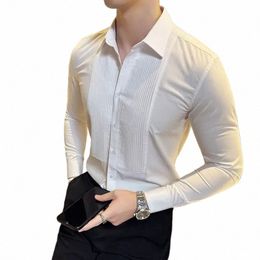 2023 New Busin Dr Shirt Men's Lg Sleeve Splice Pleat Slim Casual Shirts Social Party Banquet Tuxedo Blouse Men Clothing J9Ie#