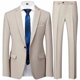 fi Men's Casual Busin Suit Coat Trousers 2 Pieces Set / Male Solid Color Wedding Two Butt Blazers Jacket Dr Pants 529x#