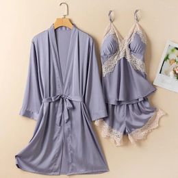 Women's Sleepwear Three Piece Female Robe Pyjamas Set Spring Summer Satin Kimono Bathrobe PJS Sleep Suit Women Lace Home Clothes