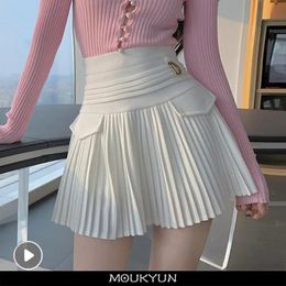 MOUKYUN White Pleated Skirts Sexy Casual Slim College Women High Waist Mini Metal Letter D ALine Clubwear Korean Fashion Style 240328