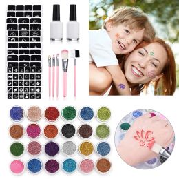 Brushes 24 Colors Diamond Glitter Temporary Tattoo Set Glitter Powder Makeup Brush Tattoo Glue Tattoo Party Face Body Art Kits for Kids