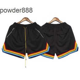 Rhude American High Street Fabric Zipper Pocket Shorts Mens Rainbow Ribbon Drawstring Sports Casual Pants