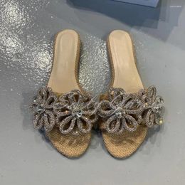 Slippers Flower Crystal Wicker For Women Pointed Toe Weave Bling Mules Summer Sexy Flip Flops Shallow Sandals